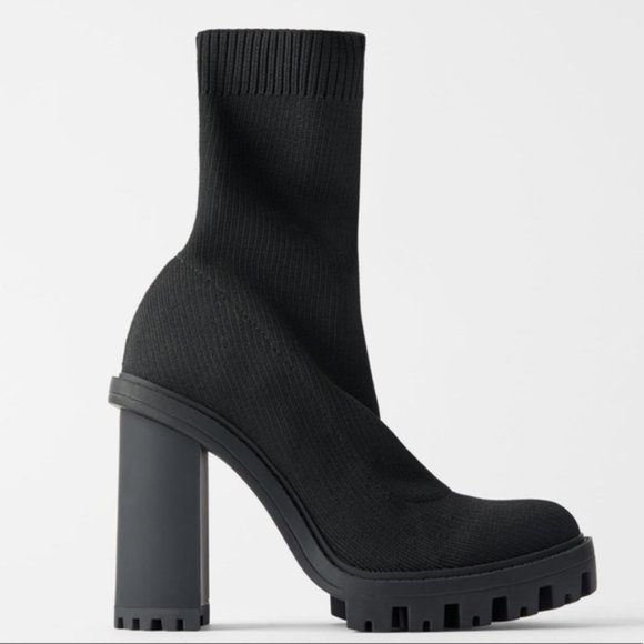 Zara Black Sock Style Heeled Ankle Boots With Lug Soles, 7.5 - Picture 2 of 15